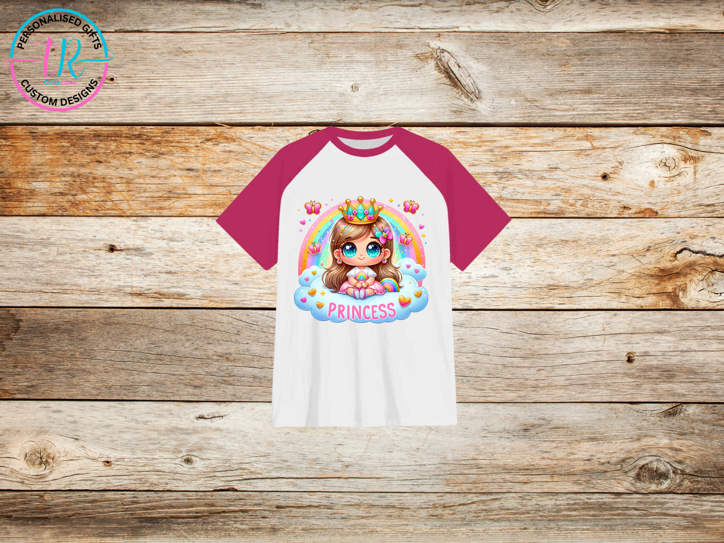 girls-t-shirt-graphic-tees-shirts-rainbow-princess-pink-sleeve-TR-collective-front