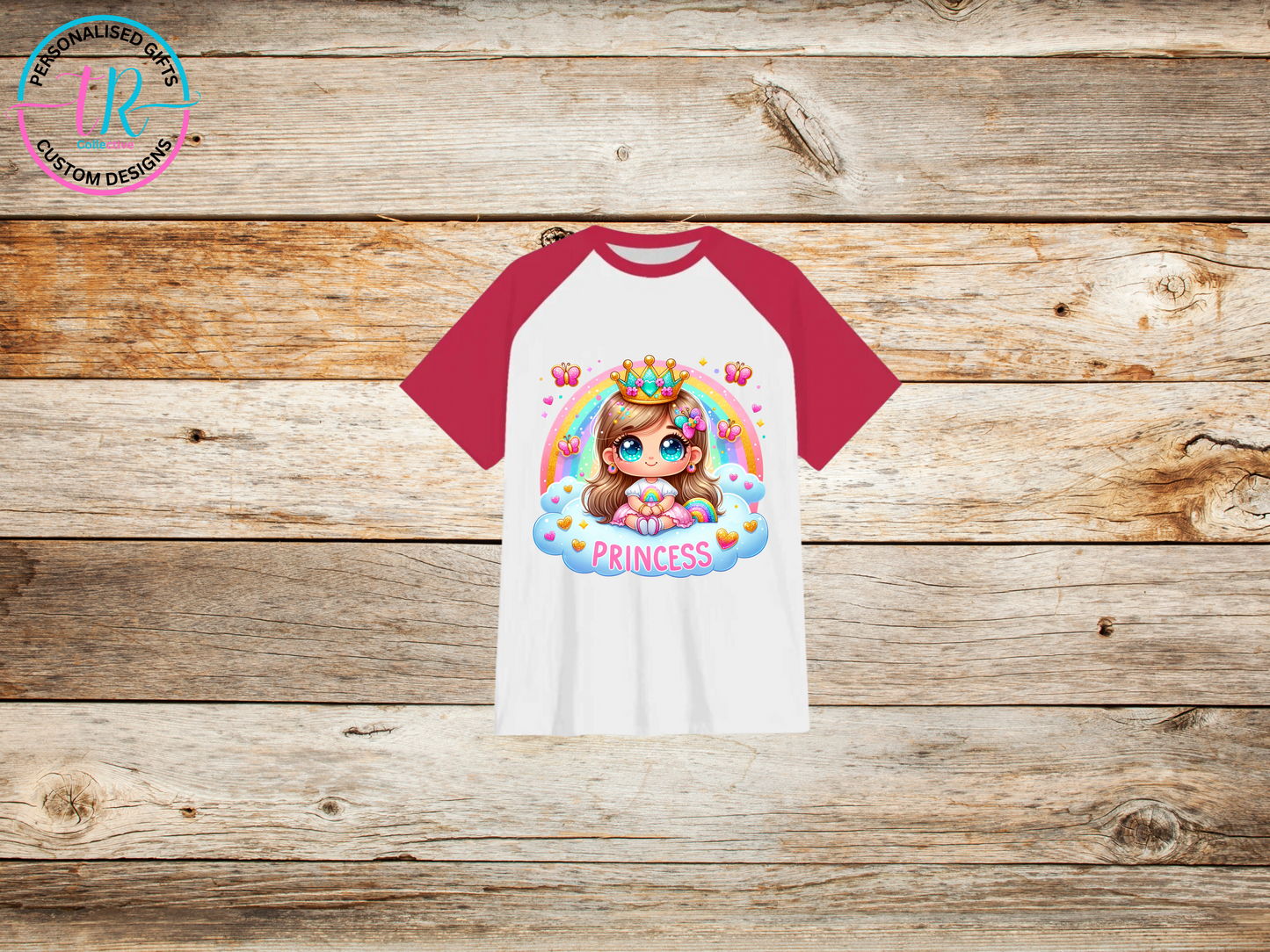 girls-t-shirt-graphic-tees-shirts-rainbow-princess-red-sleeve-TR-collective-front