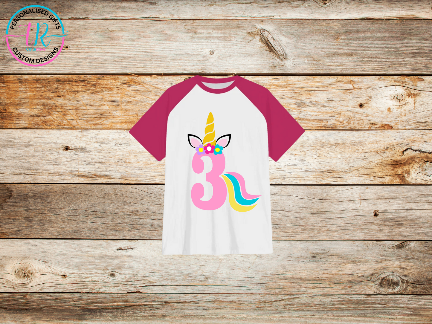 girls-t-shirt-graphic-tees-shirts-unicorn-birthday-number-3-pink-sleeve-TR-collective-front