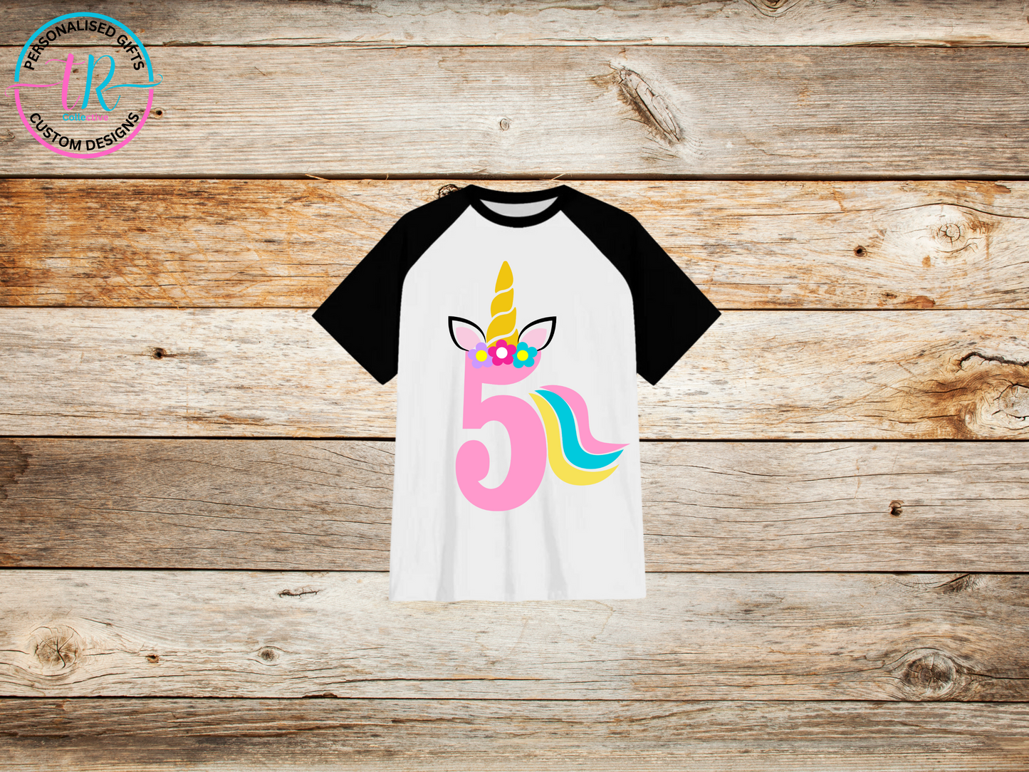 girls-t-shirt-graphic-tees-shirts-unicorn-birthday-number-5-black-sleeve-TR-collective-front