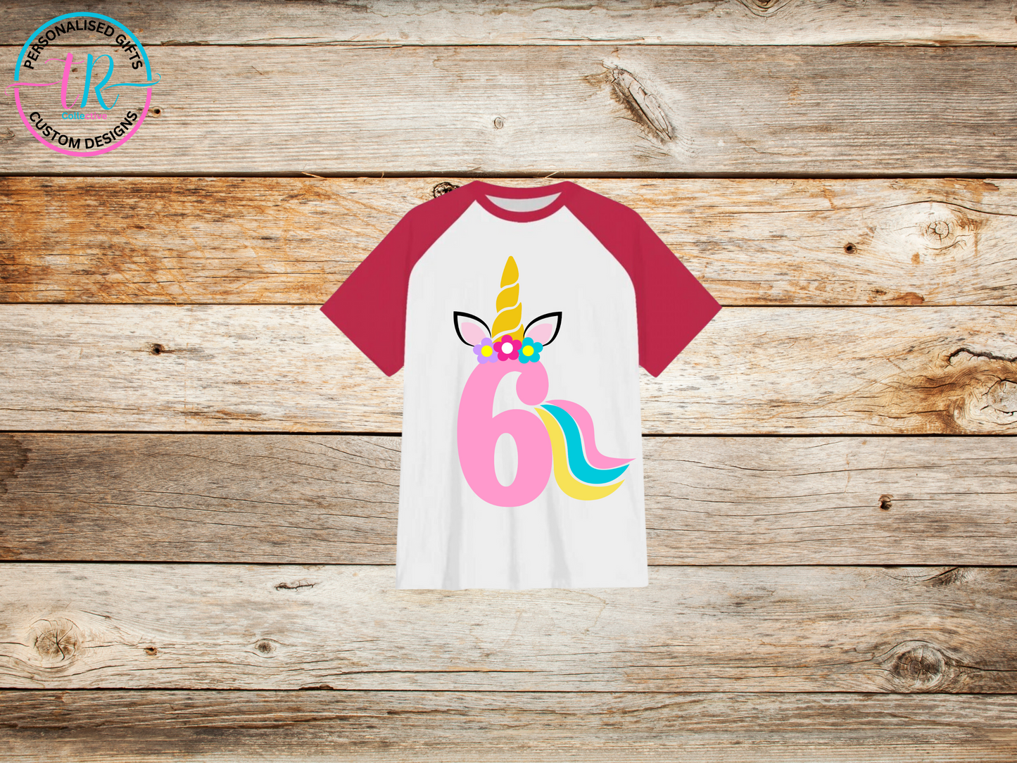 girls-t-shirt-graphic-tees-shirts-unicorn-birthday-number-6-red-sleeve-TR-collective-front