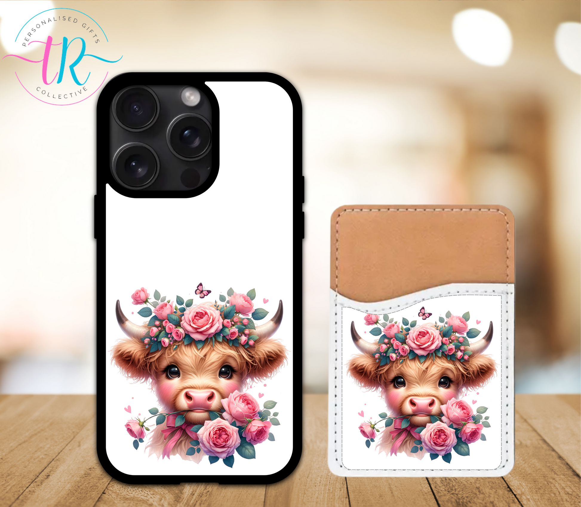 phone-case-with-card-holder-phone-card-holder-iphone-case-with-card-holder-highland-cow-pink-roses-TR-Collective-front