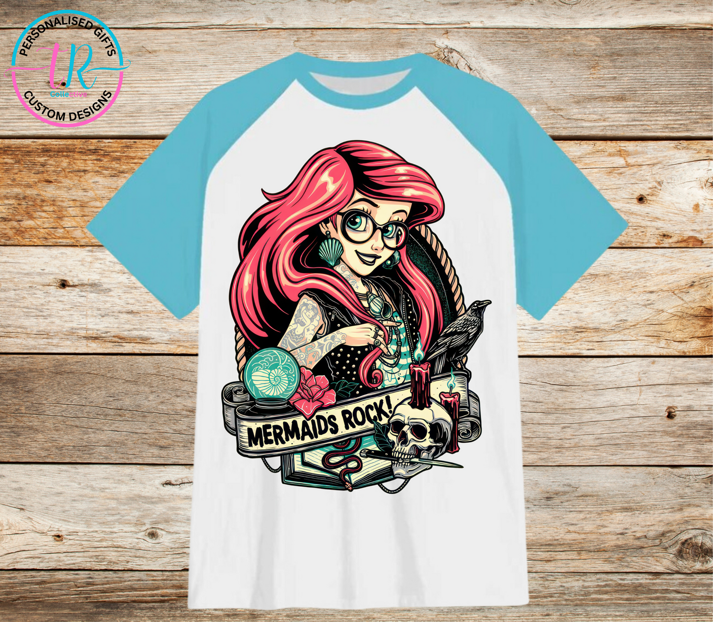 t-shirt-graphic-tees-shirts-mermaid-rock-light-blue-sleeve-TR-collective-front