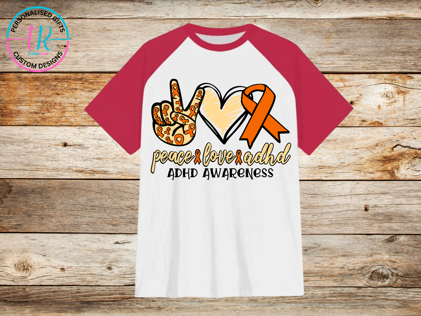 t-shirt-graphic-tees-shirts-peace-love-adhd-red-sleeve-TR-collective-front