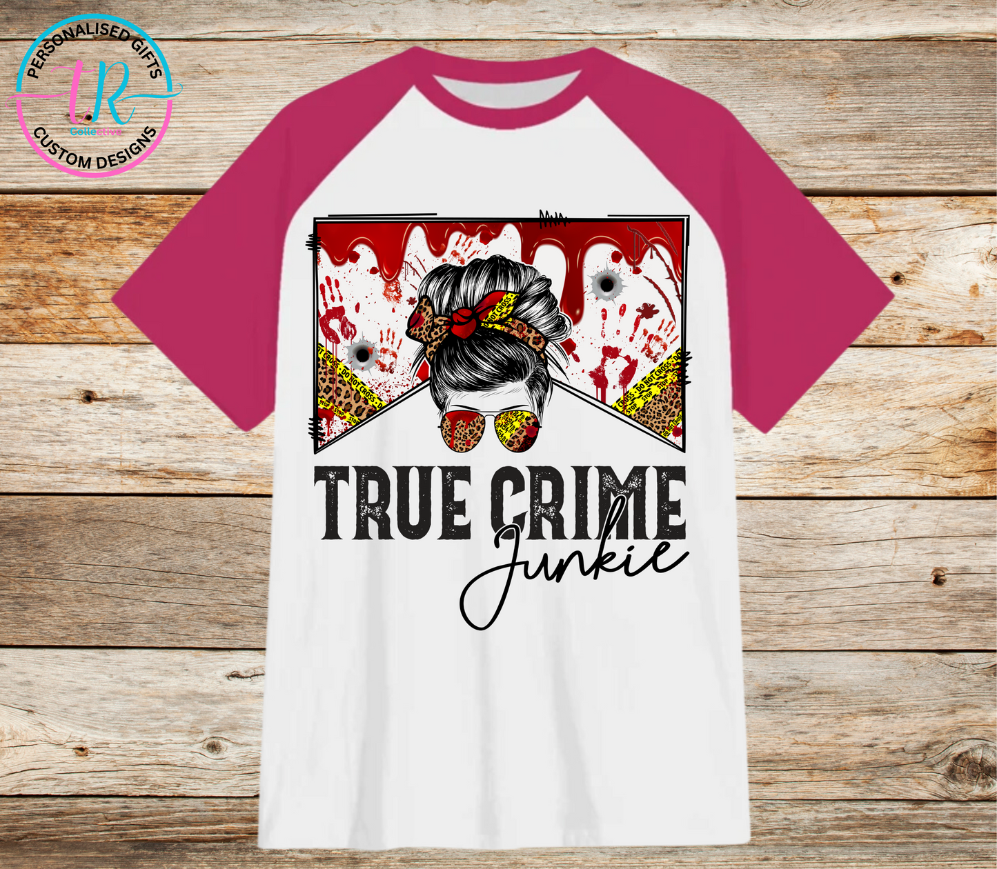 t-shirt-graphic-tees-shirts-true-crime-pink-sleeve-TR-collective-front